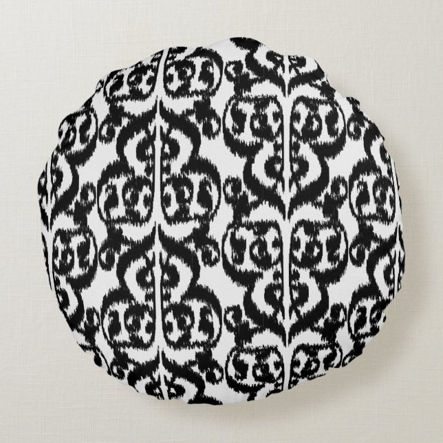 Ikat Moorish Damask - svart och vitt Rund Kudde (Baksidan)