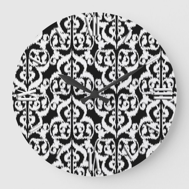 Ikat Moorish Damask - vit och svart Stor Klocka (Framsida)