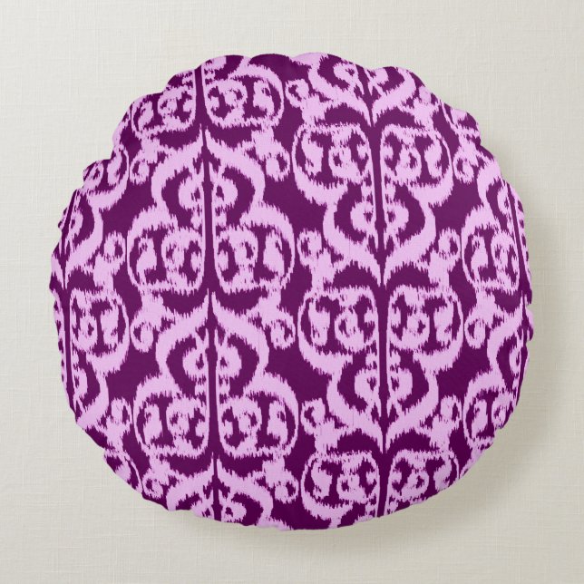 Ikat Moorishdamast - lilor och orchid Rund Kudde (Framsidan)