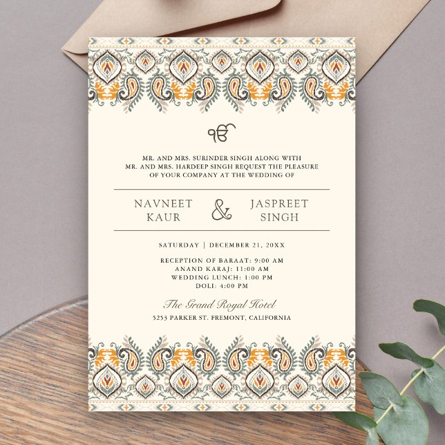 Ikat Paisley Gräns Cream Anand Karaj Sikh Bröllop Inbjudningar (Skapare uppladdad)
