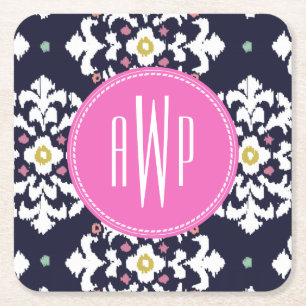 Ikat + Rosa Monogram Underlägg Papper Kvadrat