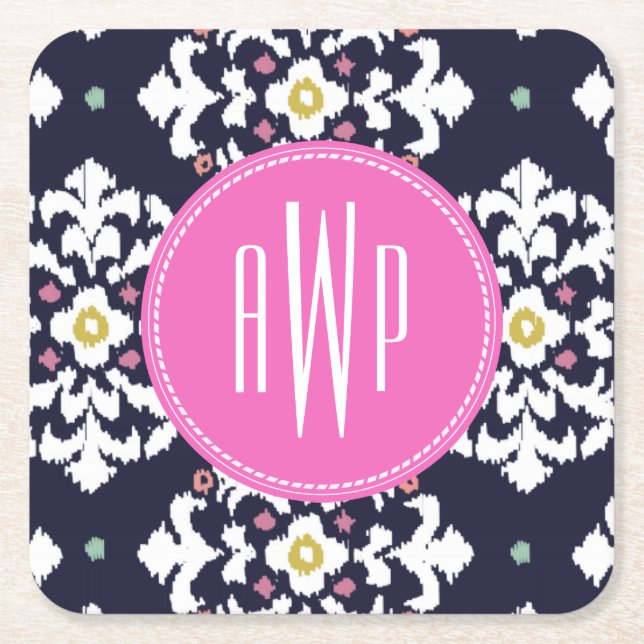 Ikat + Rosa Monogram Underlägg Papper Kvadrat (Framsidan)