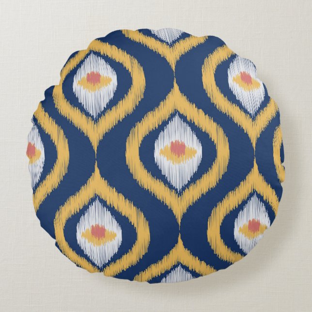Ikat Series Ogee Blue Geometric Rund Kudde (Framsidan)