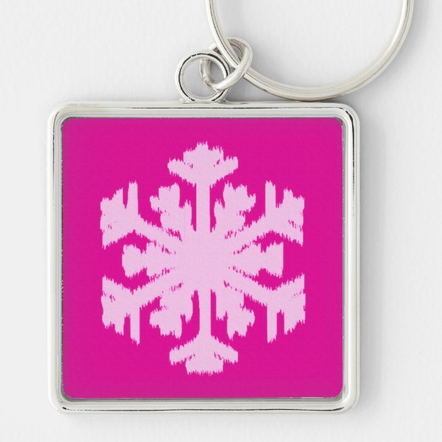 Ikat Snöflinga - Fuchsia och isrosa Fyrkantig Silverfärgad Nyckelring (Framsidan)