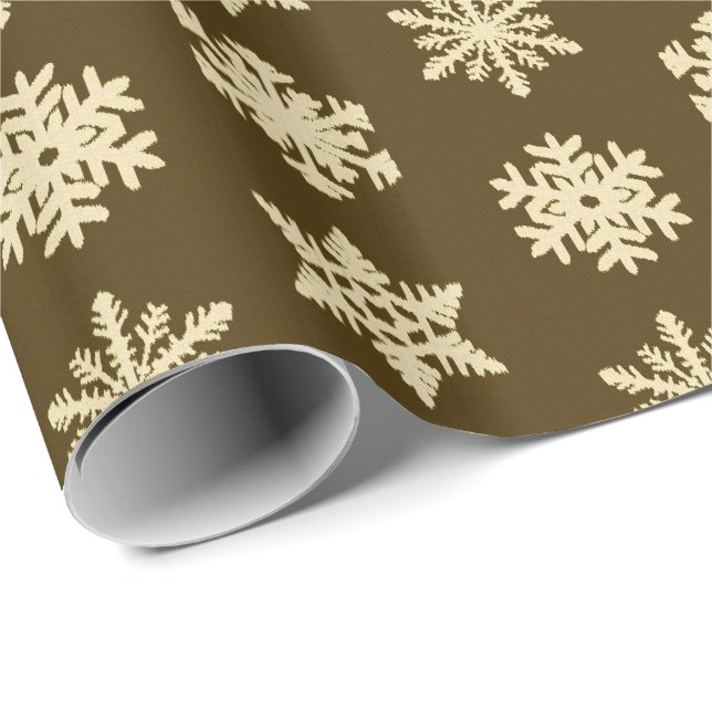 Ikat Snöflingor - Beige och Chocolate Brown Presentpapper (Rullad Hörn)