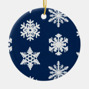 Ikat Snöflingor - vit och Mörk marin blå Julgransprydnad Keramik