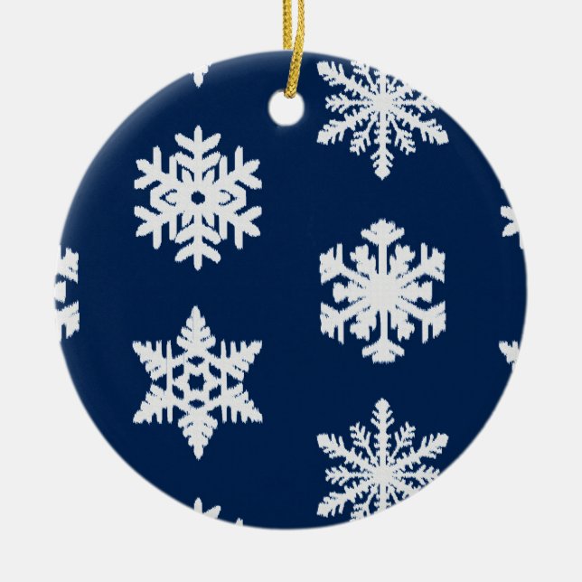Ikat Snöflingor - vit och Mörk marin blå Julgransprydnad Keramik (Framsidan)