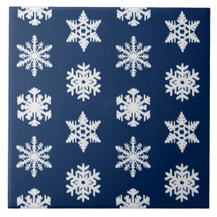 Ikat Snöflingor - vit och Mörk marin blå Kakelplatta