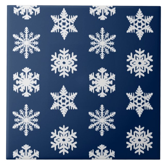 Ikat Snöflingor - vit och Mörk marin blå Kakelplatta (Framsidan)