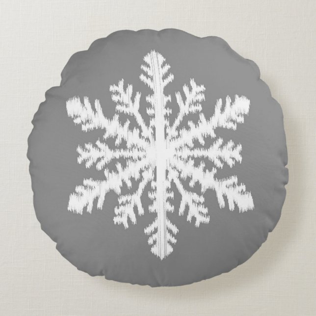 Ikat Snowflake - Charcol Grått and White Rund Kudde (Framsidan)