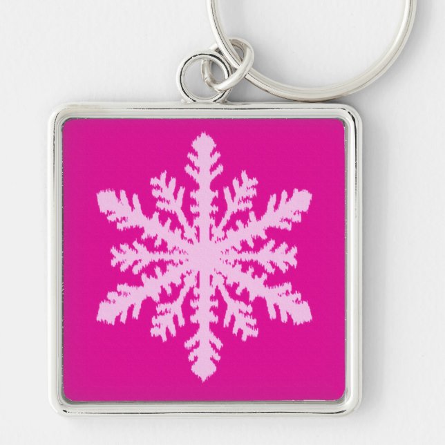 Ikat Snowflake - Fuchsia och isens rosa Fyrkantig Silverfärgad Nyckelring (Framsidan)