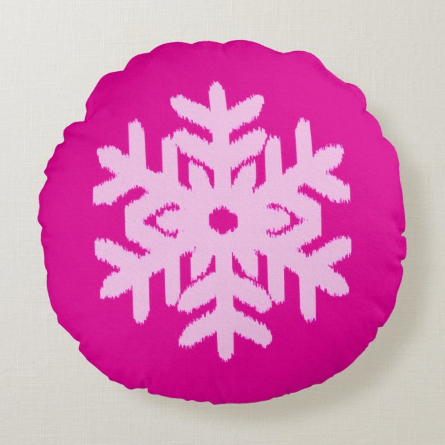 Ikat Snowflake - Fuchsia och isens rosa Rund Kudde (Framsidan)