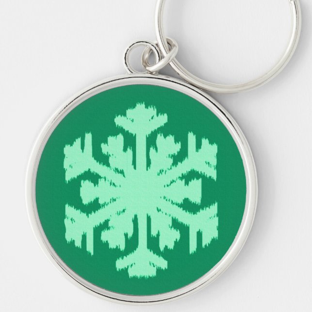 Ikat Snowflake - Gräs och mynta grönt Rund Silverfärgad Nyckelring (Framsidan)