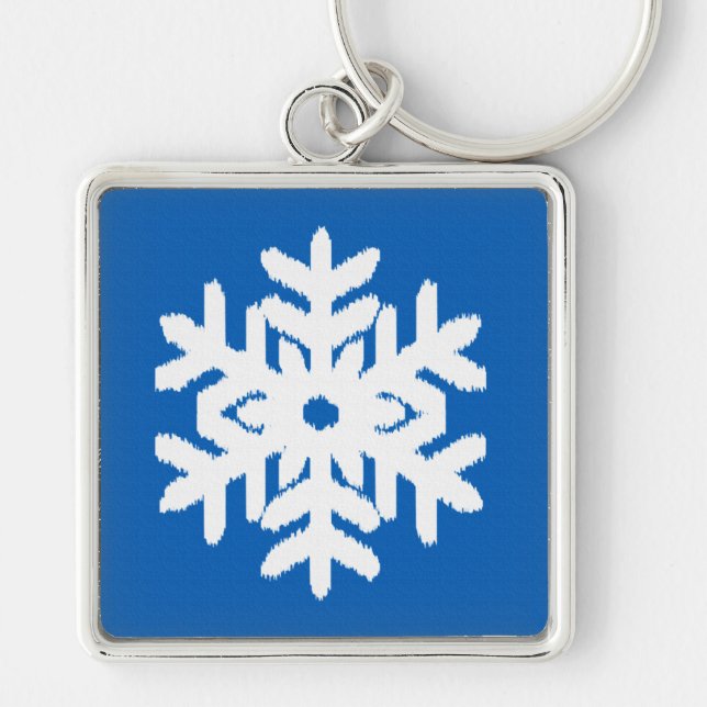 Ikat Snowflake - Koboltblått och vitt Fyrkantig Silverfärgad Nyckelring (Framsidan)