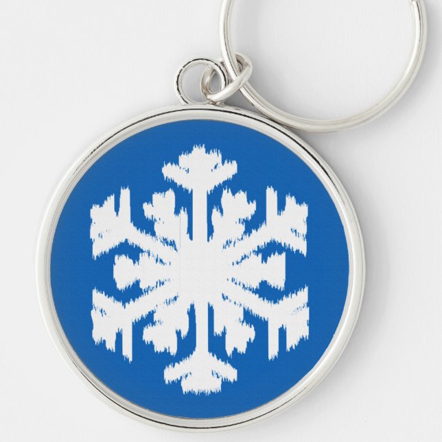 Ikat Snowflake - Koboltblått och vitt Rund Silverfärgad Nyckelring (Framsidan)