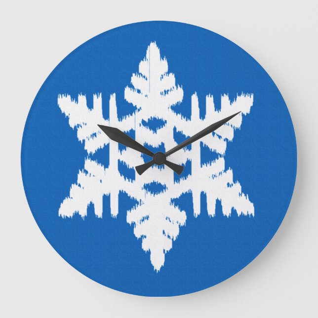 Ikat Snowflake - Koboltblått och vitt Stor Klocka (Framsida)