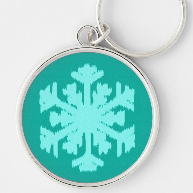 Ikat Snowflake - Turquise och aqua Rund Silverfärgad Nyckelring (Framsidan)