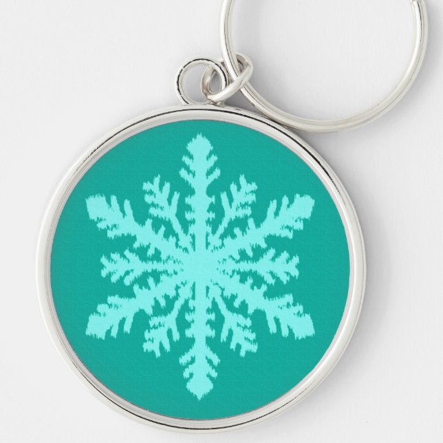 Ikat Snowflake - Turquise och aqua Rund Silverfärgad Nyckelring (Framsidan)