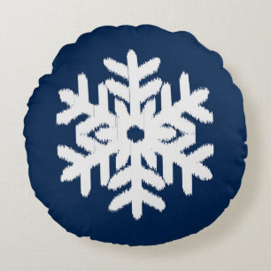 Ikat Snowflake - White and Mörk Navy Blue Rund Kudde