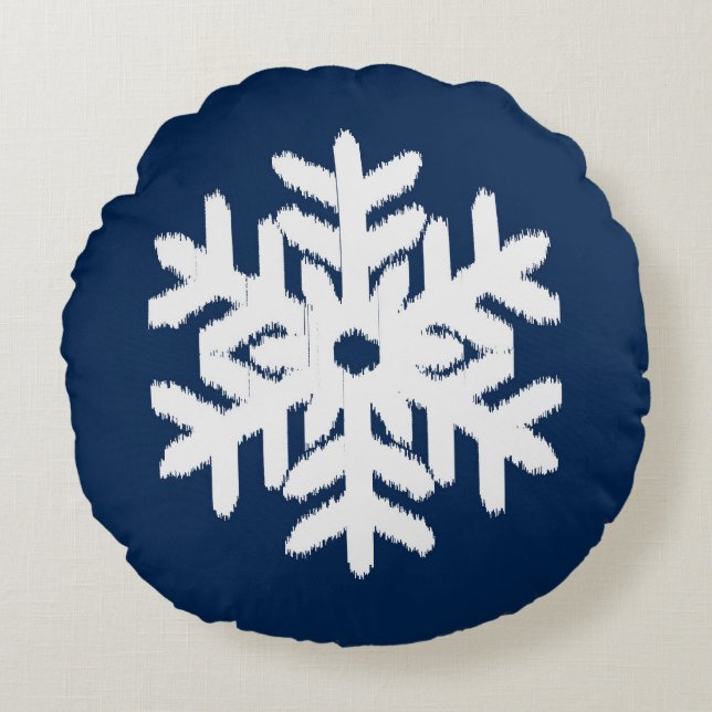 Ikat Snowflake - White and Mörk Navy Blue Rund Kudde (Framsidan)