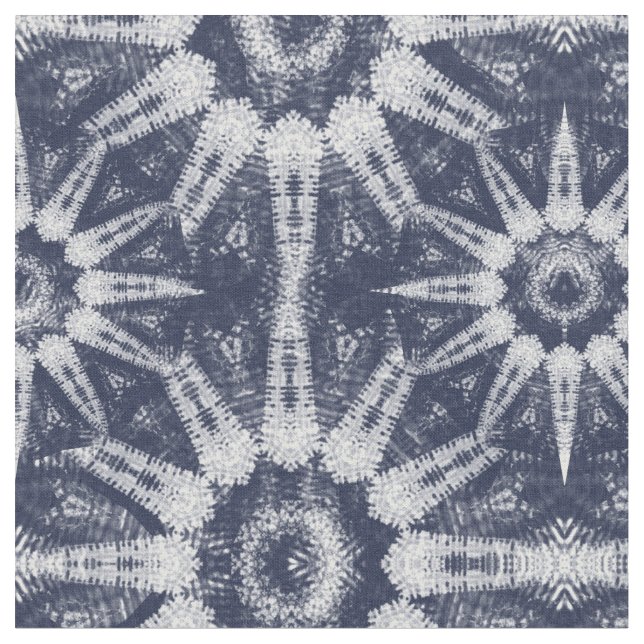 Ikat Stil Navy White Big Starburst Mönster Tyg (Närbild)