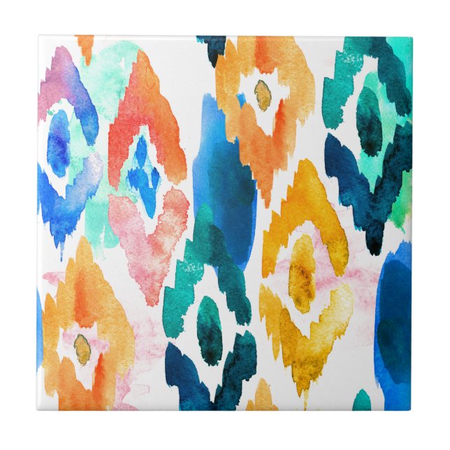 Ikat Watercolor Mönster Kakelplatta (Framsidan)