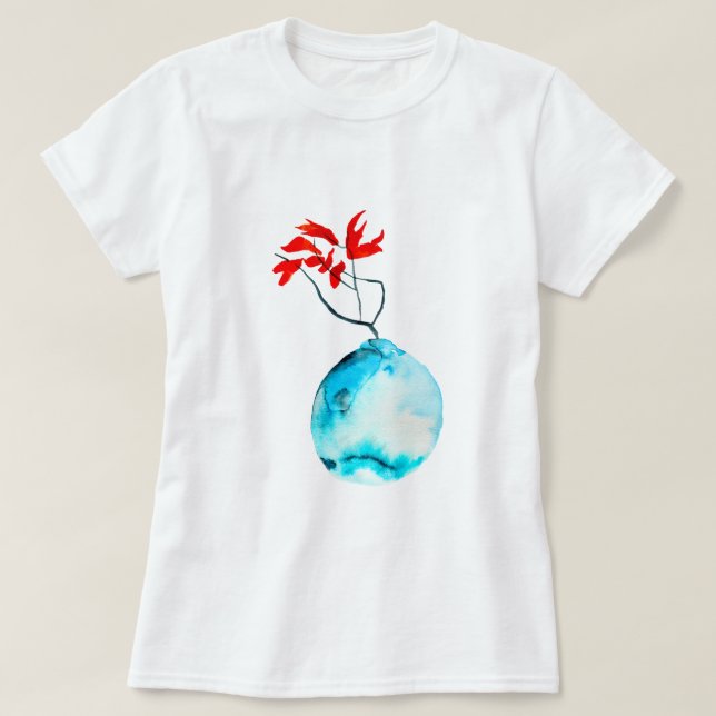 Ikebana blue vas vattenfärgsart t shirt (Design framsida)