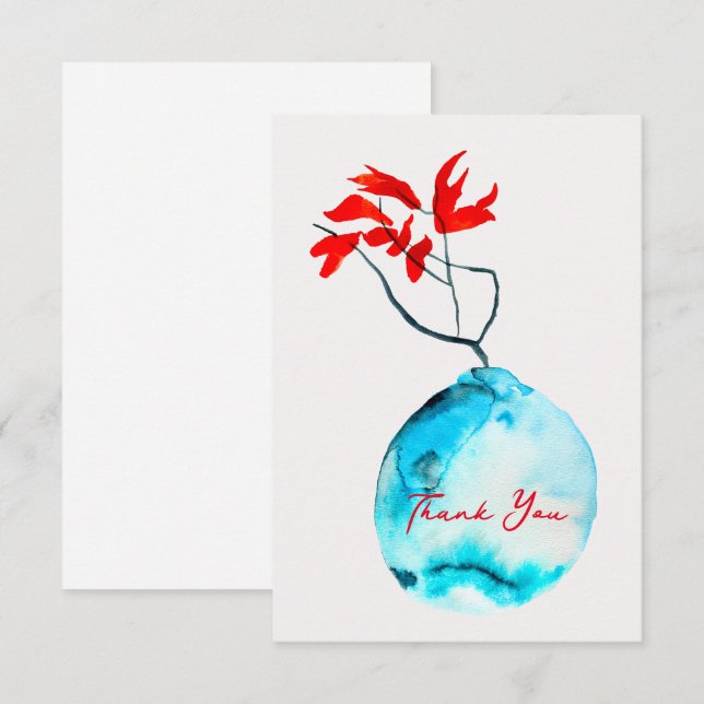 Ikebana vattenfärgsblå vas anteckningskort (Fram/baksida)