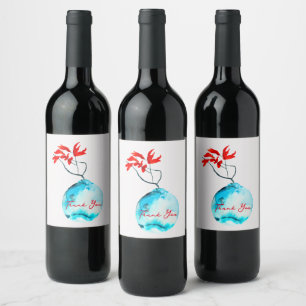 Ikebana vattenfärgsblå vas vinflaska etikett