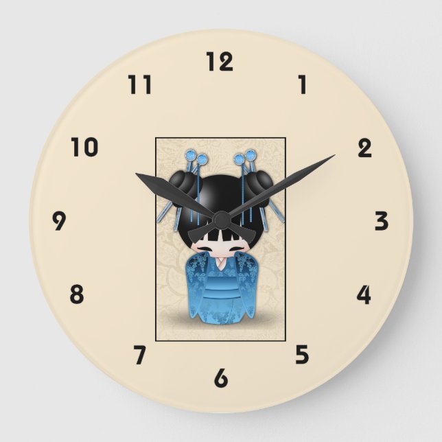 Iklädda blått för gullig japansk Kokeshi docka Stor Klocka (Framsida)