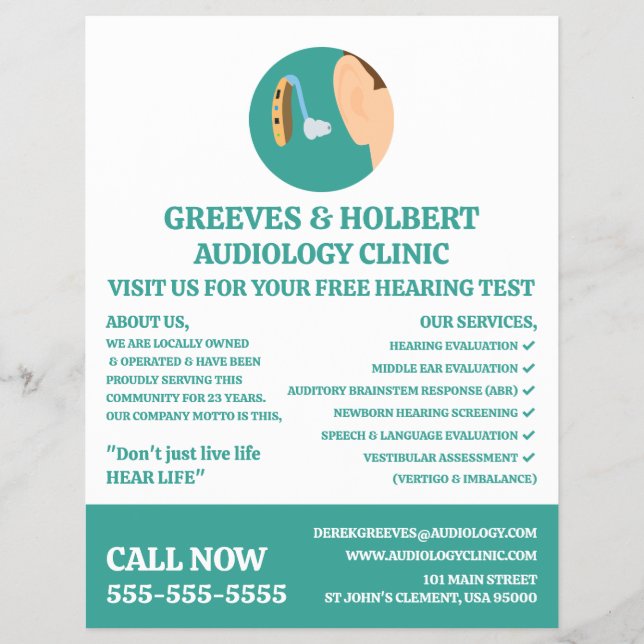 Ikon för förhörsstöd, audiolog, klinik för ljudmot reklamblad (Framsidan)