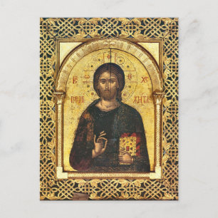 Ikon för Jesus Kristus Gospel Latticwork Guld Ram Vykort