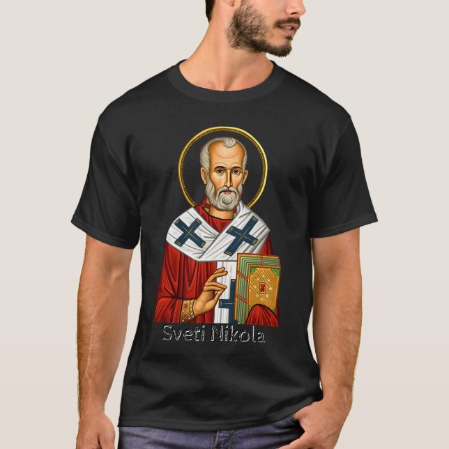 Ikon för Sankt Nicholas orthodox serbian brev T Shirt (Framsida)