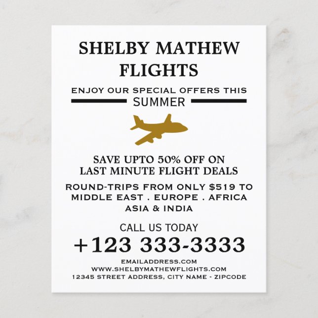 Ikon guld Flygplan, reklamflygbiljett Flygblad (Framsidan)