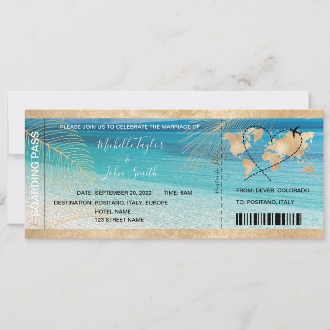 Ikonen Destinationsbröllop Boarding Pass Heart Fly Inbjudningar (Framsida)
