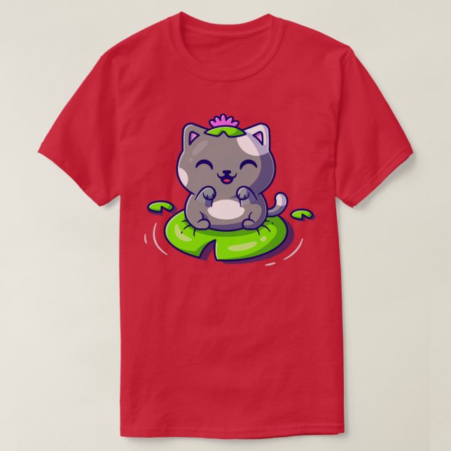 Ikonen Illus Cute Cat Sitta på Löv Tecknad Vector T Shirt (Design framsida)