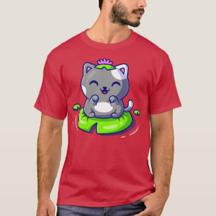Ikonen Illus Cute Cat Sitta på Löv Tecknad Vector T Shirt
