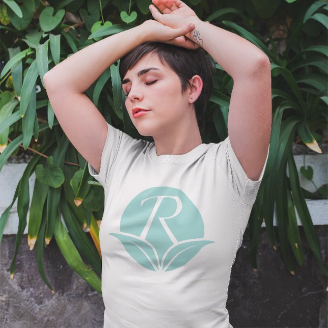 Ikonen Rejuvenescents - Body Care Brand T Shirt (Woman holding arms above her head wears a "Rejuvenescents" Logo t-shirt in Light Blue on White.)