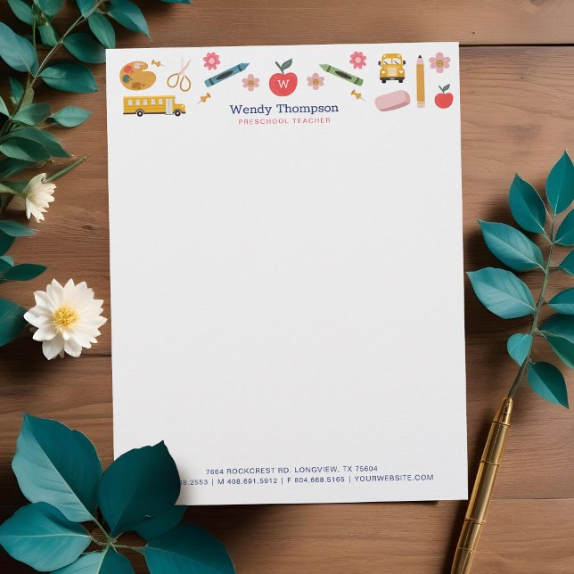 Ikonillustrationer för lärarutbildning och skollev brevhuvud (Teacher & Tutor School Supplies Icon Illustrations Letterhead)