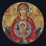 Ikonisk 1500-talets Mary med Kristus Child Runt Klistermärke<br><div class="desc">Colorful vintage bild av Madonna och Kristus med utspritt arm.</div>