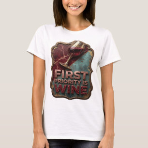 Ikonisk guld FIRST PRIORITY IS WINE Textdesign T Shirt