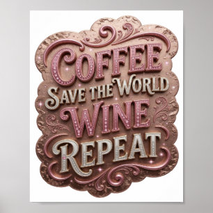 Ikonisk Rosa KAFFE RÄDDA VÄRLDEN VIN UPPREPA v2 Poster