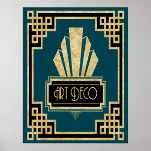 Ikoniska Art Deco-Teal Black och Guld Poster