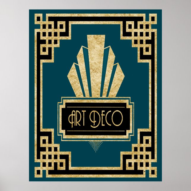 Ikoniska Art Deco-Teal Black och Guld Poster (Framsidan)