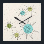 Ikoniska atomstjärnor, köldlås fyrkantig klocka<br><div class="desc">Den här Iconic Atomic Starbursts Square Acrylic Wall Clock (stor utskrift) i mönster har iconic atomic starbursts. Det är höger! Bakgrunden till färgaden av old school, kräm med guld-spekkler är bakgrunden till perfekten för den pulserande turkosen, soothing celery och kitschy pear grönt färgad circles. Sportarna i färg placeras sporadiskt i...</div>
