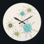 Ikoniska atomstjärnor, rund väggklocka<br><div class="desc">Den här Iconic Atomic Starbursts Round Acrylic Wall Clock mönster har iconic atomic starbursts. Det är höger! Bakgrunden till färgaden av old school, kräm med guld-spekkler är bakgrunden till perfekten för den pulserande turkosen, soothing celery och kitschy pear grönt färgad circles. Sportarna i färg placeras sporadiskt i olika storlekar med...</div>