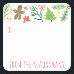 Ikoniska julillustrationer för vattenfärg fyrkantigt klistermärke<br><div class="desc">Den här julldekalen har en överkant rand av vattenfärgsillustrationer av alla dina favoriter helgdag sak: mysiga vaxlar och hatt, strumpor, kakor för gingerbröd, holly, Julgranar, gräs, löv, finare, gräs, koner, poinsettiska blommor, stjärnor och till och med ett saftigt vinterpäron. Lägg till din egen text för att göra en roligt till...</div>