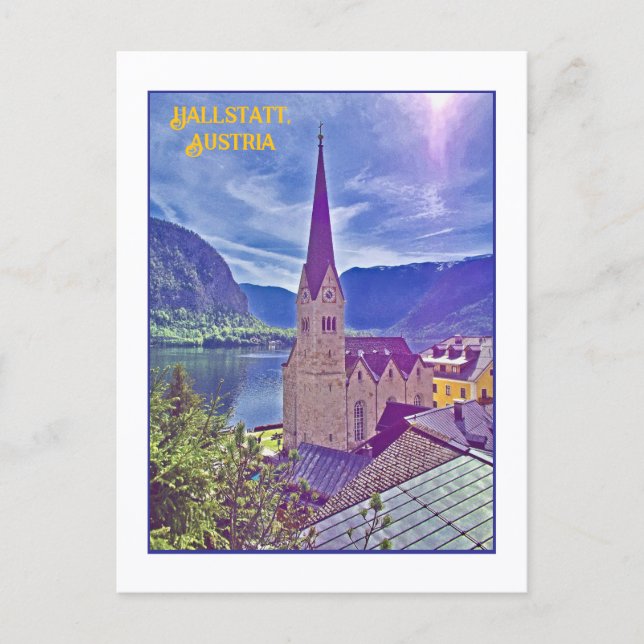 IKONISKA KYRKOTORNET, HALLSTATT, ÖSTERRIKE VYKORT (Framsida)