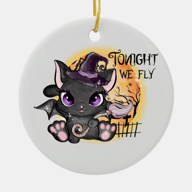 Ikväll flyger vi - Black Witch Cat Julgransprydnad Keramik (Framsidan)