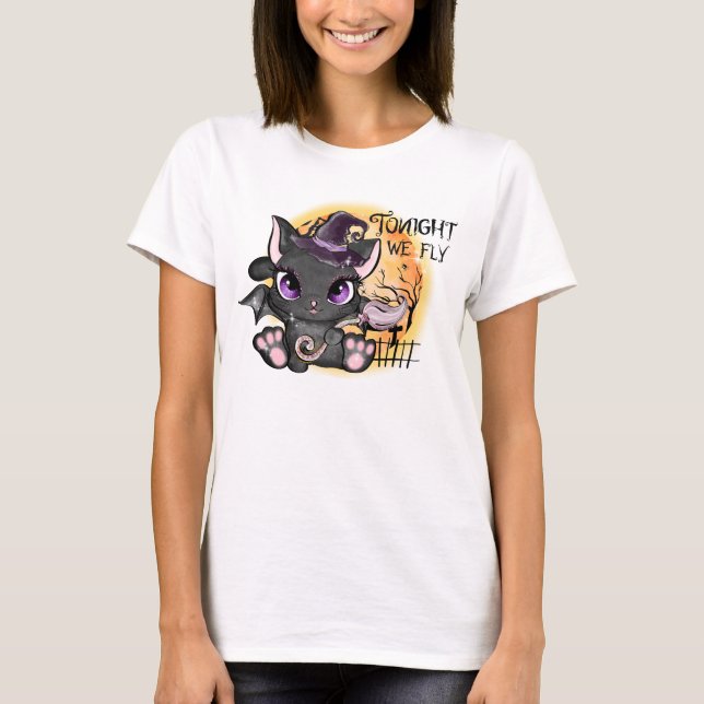Ikväll flyger vi - Black Witch Cat T Shirt (Framsida)